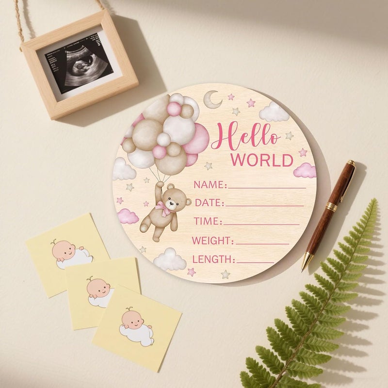Andrain Double-Sided Wooden Newborn Birth Sign, Pink Bear Baby Announcement Sign, Girl Bear Hello World Name Sign for Hospital, Gift for New Mom Baby Shower, Photography Prop - Image 4